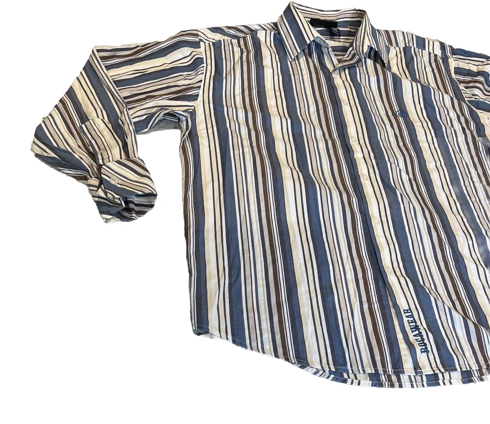 Camisa Roca Wear para hombre XL manga larga abotonada algodón a rayas Foto 3 de 4
