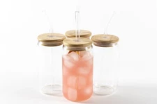 Drinking Glasses with Bamboo Lids and Glass Straw 4pcs Set 16oz Can Shaped Cups