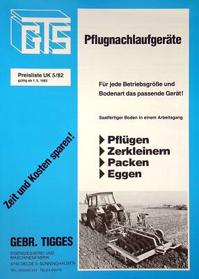 240988) GTS Tigges Pflugnachlaufgeräte Preisliste Prospekt 05/1982