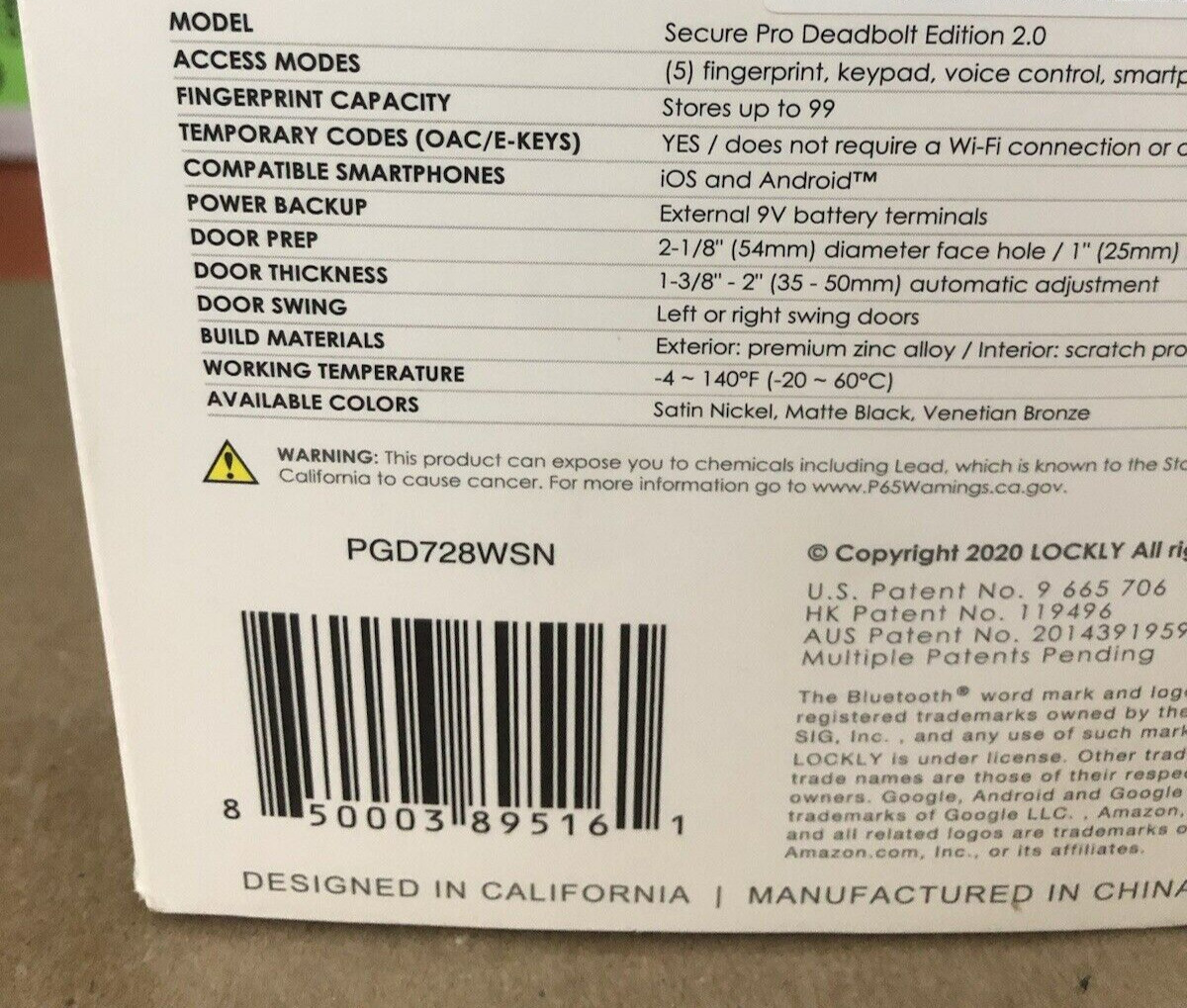 Lockly Deadbolt Smart Door Lock Bluetooth Fingerprint WiFi  PGD728WSN Fact Seal