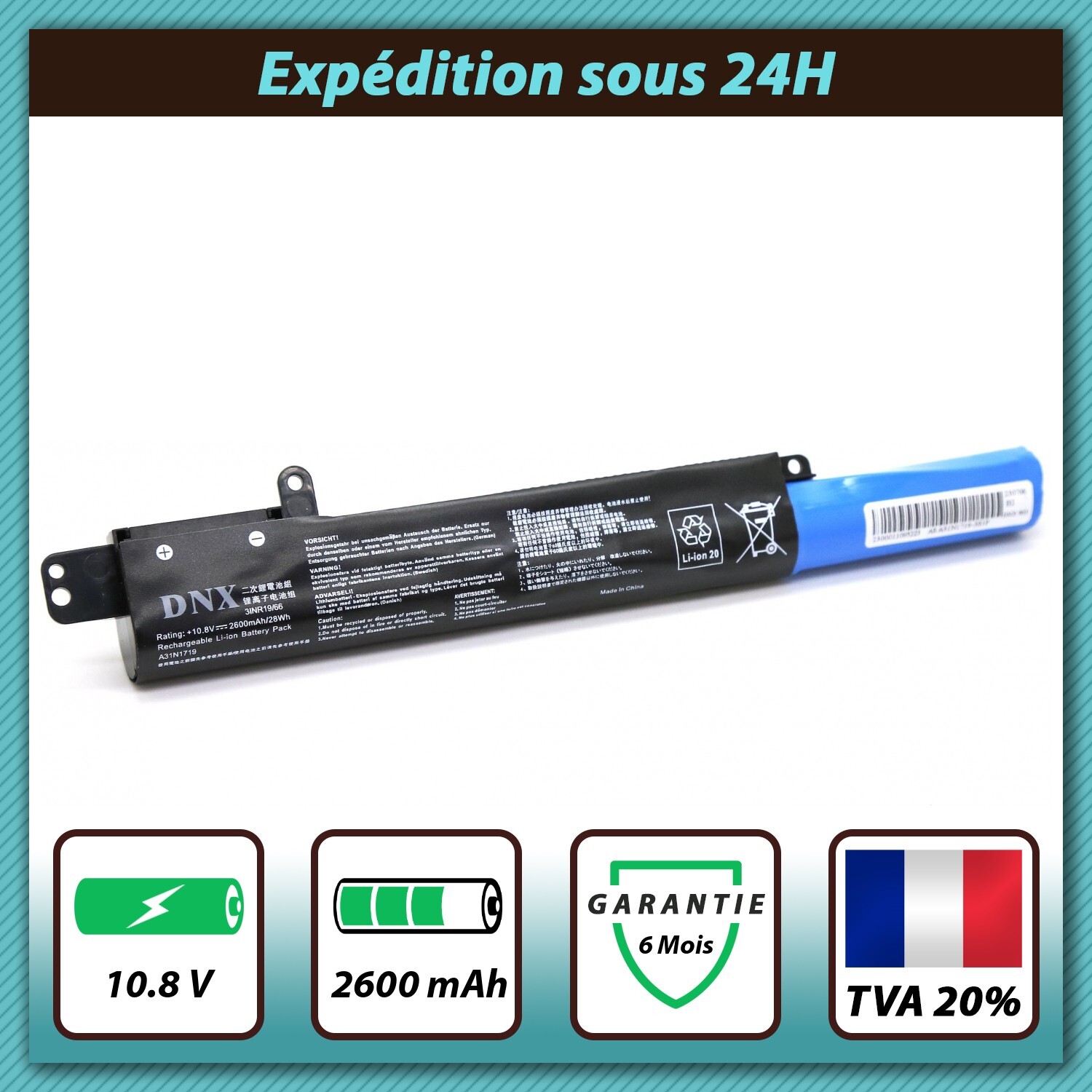 Batterie PC portable pour Asus R507UA R507UB R507UF A31N1719 10.8V 2600mAh