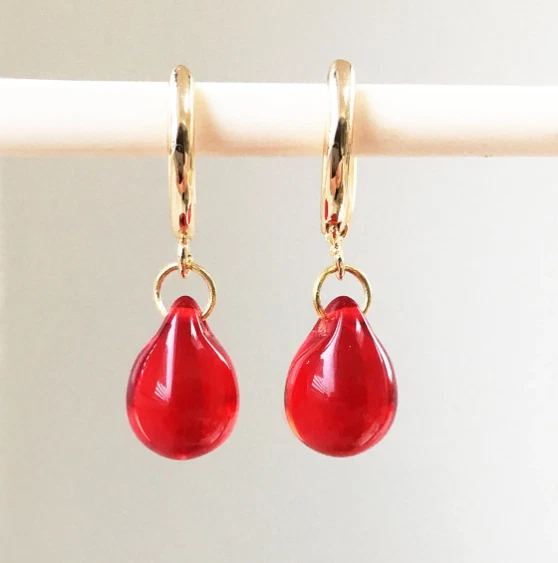 Gold Cubic Zirconia Earrings Red Simulated Ruby CZ 925 Sterling Faceted teardrop - Image 4 of 4