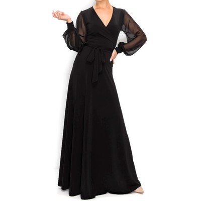 Janette Fashion Black Sheer Long Bell Sleeve Evening Formal Maxi