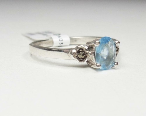 STERLING SILVER OVAL SOLITAIRE AQUA CZ STONE & MARCASITES PROMISE RING SIZE 7 8 - Picture 3 of 6