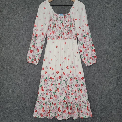 #ad Draper James RSVP Dress Womens Medium White Floral Long Sleeve Smocked Midi Boho $19.48