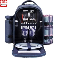 Insulated Picnic Backpack Cooler Blanket Cutlery Set Wine Carrier Travel Bag New
