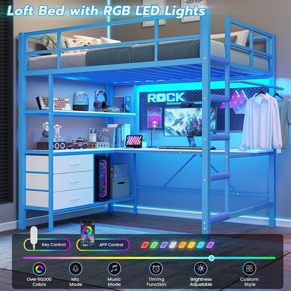 Кровать-чердак двойного размера со светодиодной подсветкой, зарядная станция, L-образный стол, тканевые ящики - Изображение 4 из 4