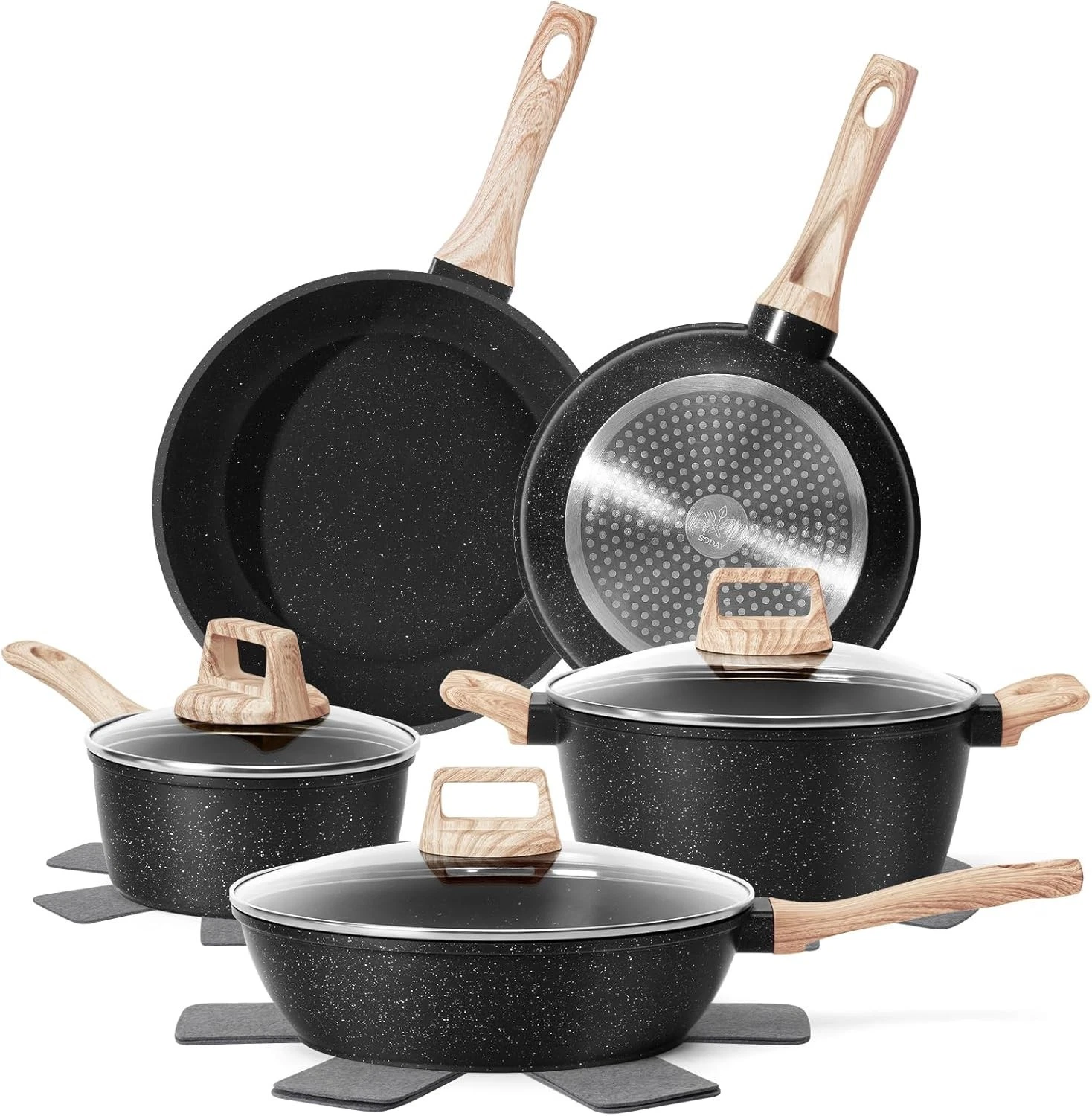 12 Pcs Pots & Pans Set Non Stick Cookware Sets Black Granite Induction Cookware