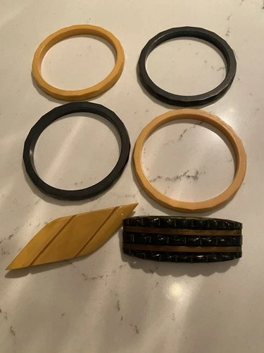 Bakelite Lot 4 Bangles 2 Brooch Pins Jewelry Vintage Black Butterscotch