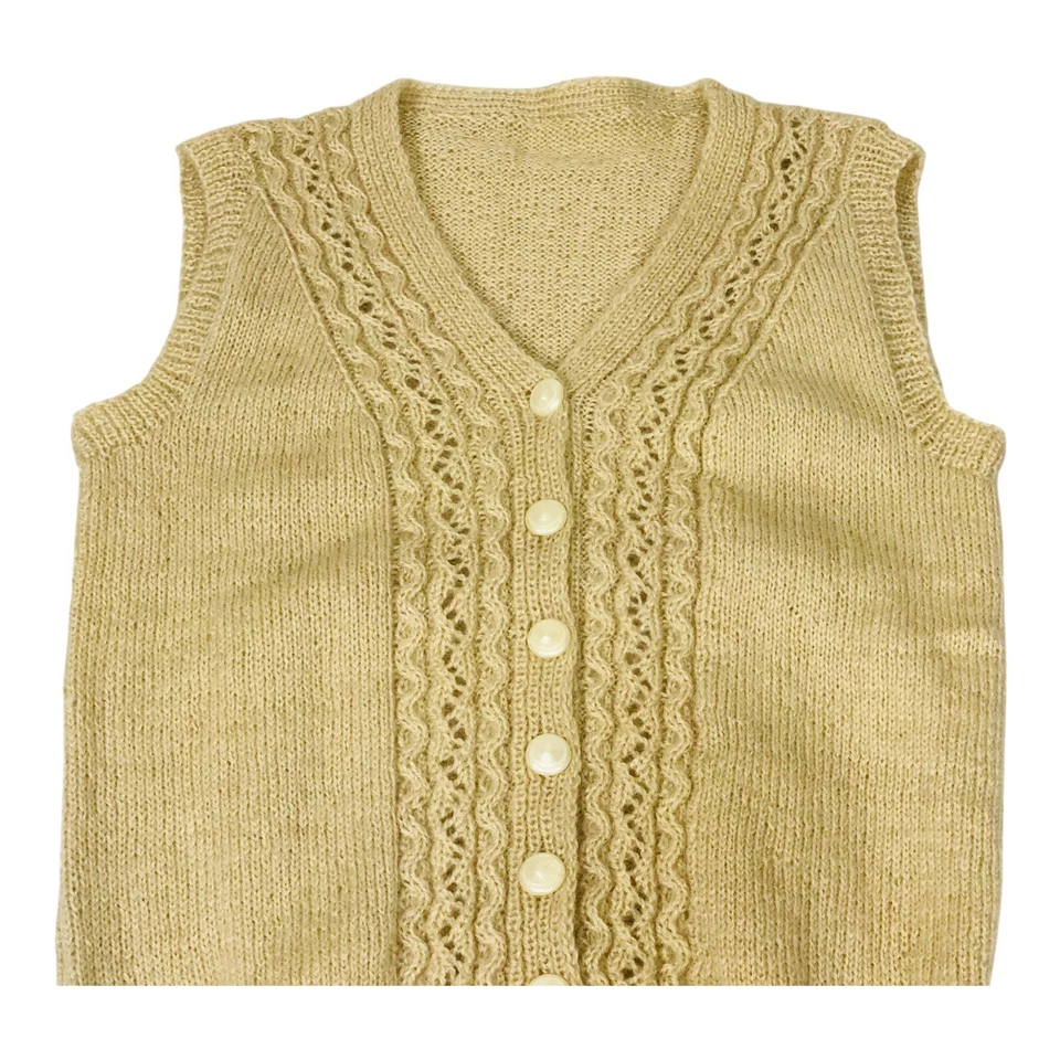 Chaleco Cárdigan Vintage Hecho a Mano Crochet Mujer Talla M Beige Botón Sin Mangas Acogedor Foto 2 de 4