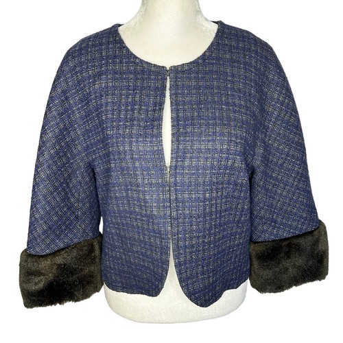 Trina Turk Blue Tweed Black Faux Fur Cuff Crop Blazer Jacket Women's Size 10
