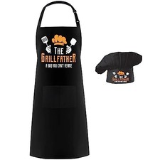 Chef Apron Hat Set,Adjustable Chef Hat and Apron Baker Black The Grill Father