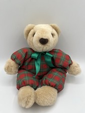 Vintage HALLMARK Plaid Teddy Bear Green Satin Bow 12" Clip Hands Plush