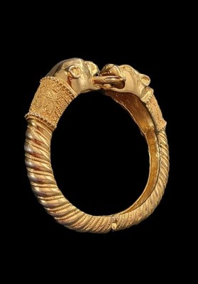 Joan Rivers Vintage, signierter goldfarbener Doppel-Pantherkopf-Armreif mit Scharnier