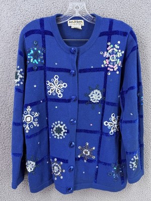 Jack B Quick Vintage Christmas Cardigan Sweater Womens 1X Sequin Embellished