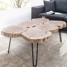 Massiver Design Couchtisch GOA 110cm Akazie Holz Baumscheiben Wohnzimmertisch