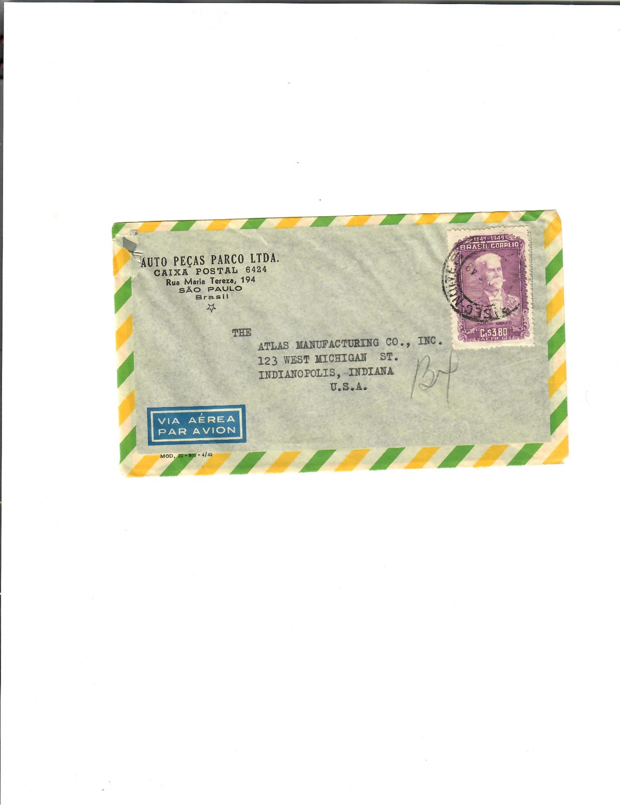 Brazil to USA Airmail Cover – São Paulo to Indianapolis – Commercial - (C005)