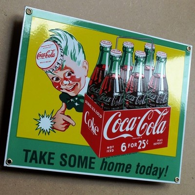 COCA COLA Altes Emailschild Atlanta 1990 SPRITE BOY Sixpack Green Bottle PERFEKT