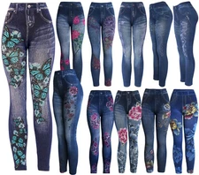 Sparkles Women's Denim Print Fake Faux Jeans Leggings Pants