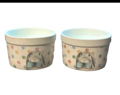 Ciroa Easter Parade Bunny Ramekin Bow Tie Polka Dot Dish Set of 2 Stoneware
