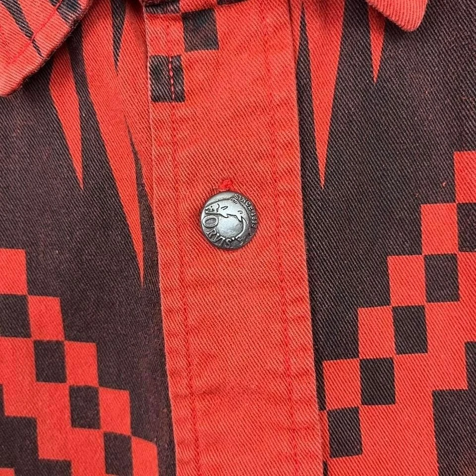 Vintage 90s Orvis Aztec Patterned Button Down Shirt Orange Southwest Western - Image 4 of 4