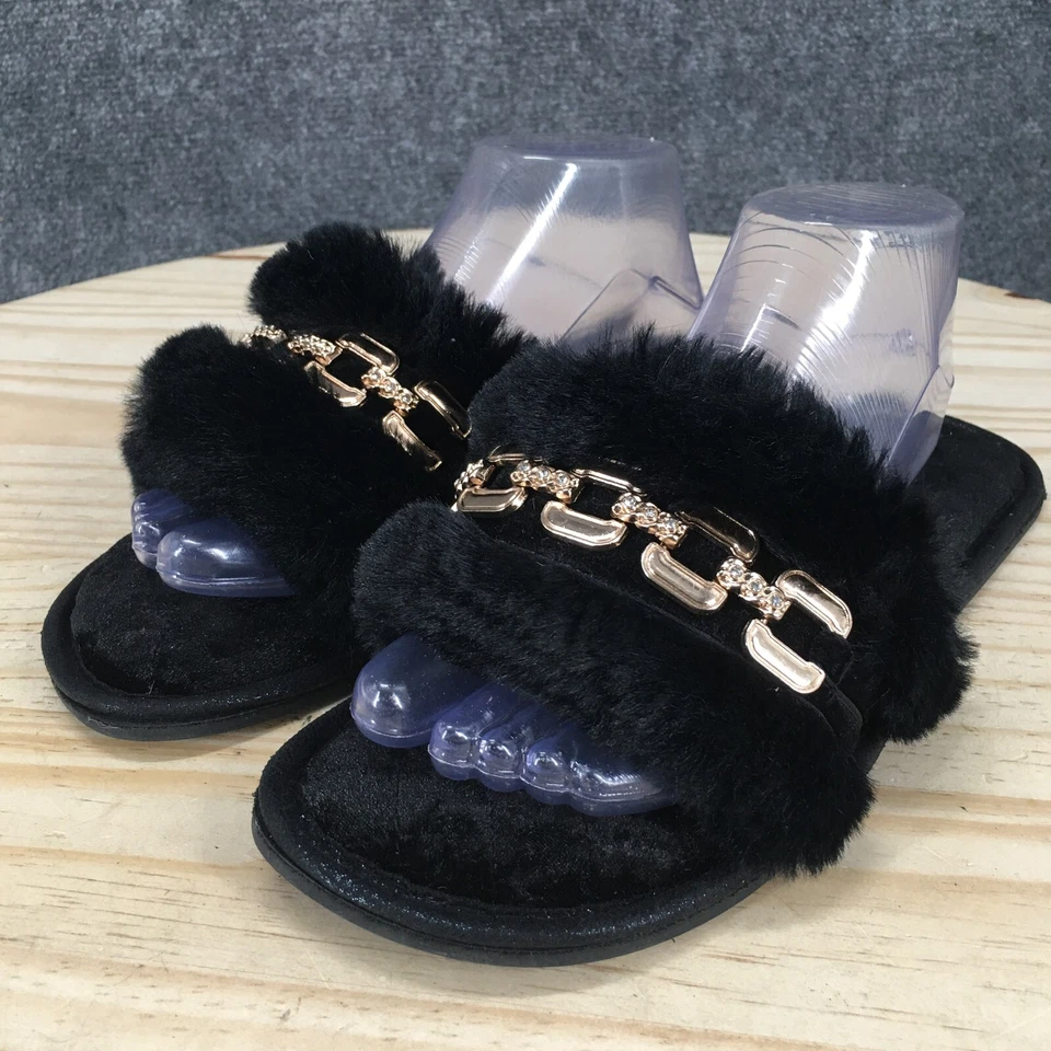 Tahari Sandals Womens 9 Slip On Slides Black Faux Fur Casual Open Metal NEW - Image 3 of 4