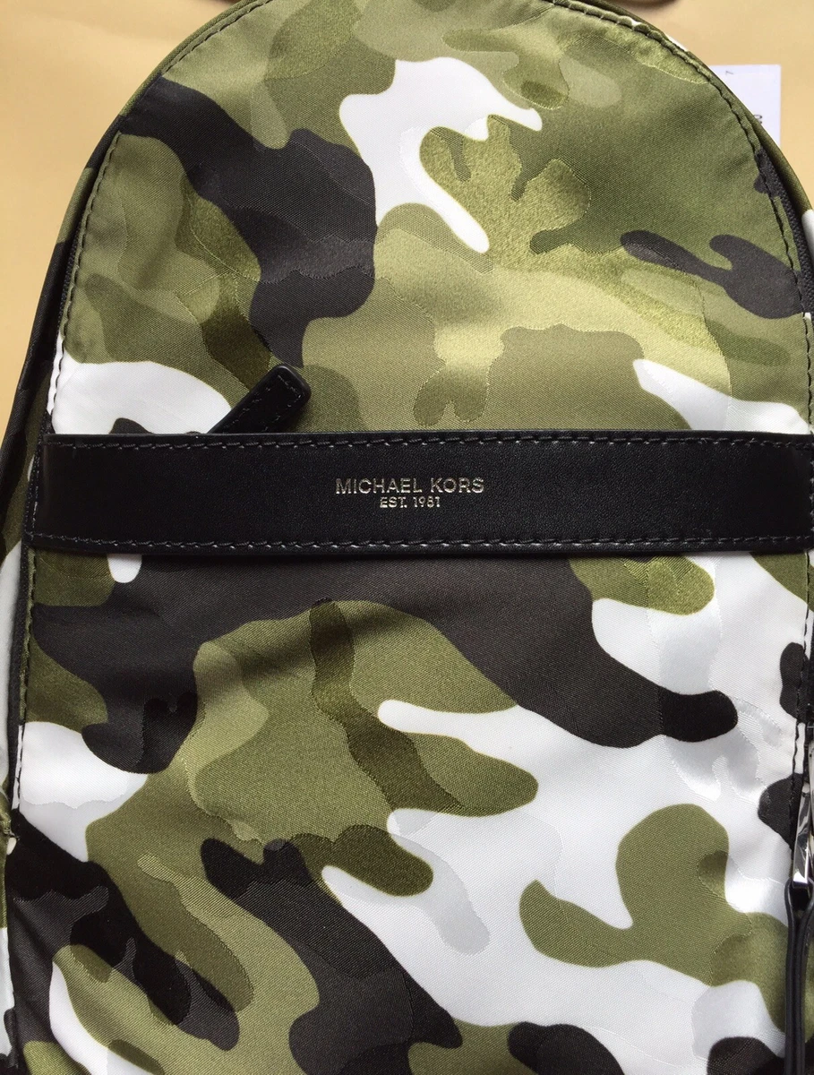 Michael Kors Mens Kent Camo Nylon Sling Pack Backpack Olive Wht