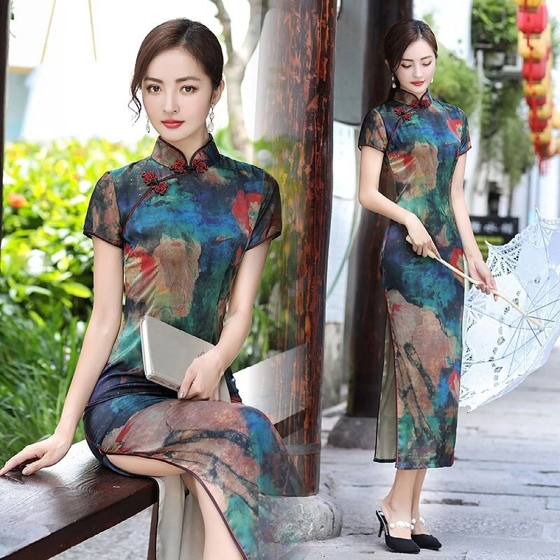 Qipao Long Dress Split Side Modern Plus Size Short Sleeve Ancient