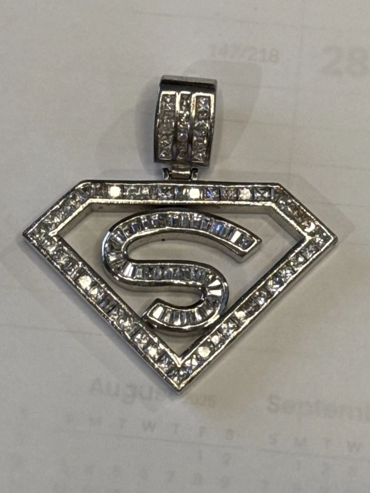 Custom Superman Pendant 925 Sterling Silver 42G TW Cubic Zirconia 2" - Image 3 of 4