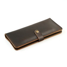 Hand Made Genuine Leather Men Long Wallet Pockets ID Card Clutch Bifold Purse