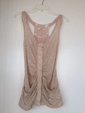 Women's Tank Top FC 25 Size Small Beige Button Down Pockets Floral Cutout Back