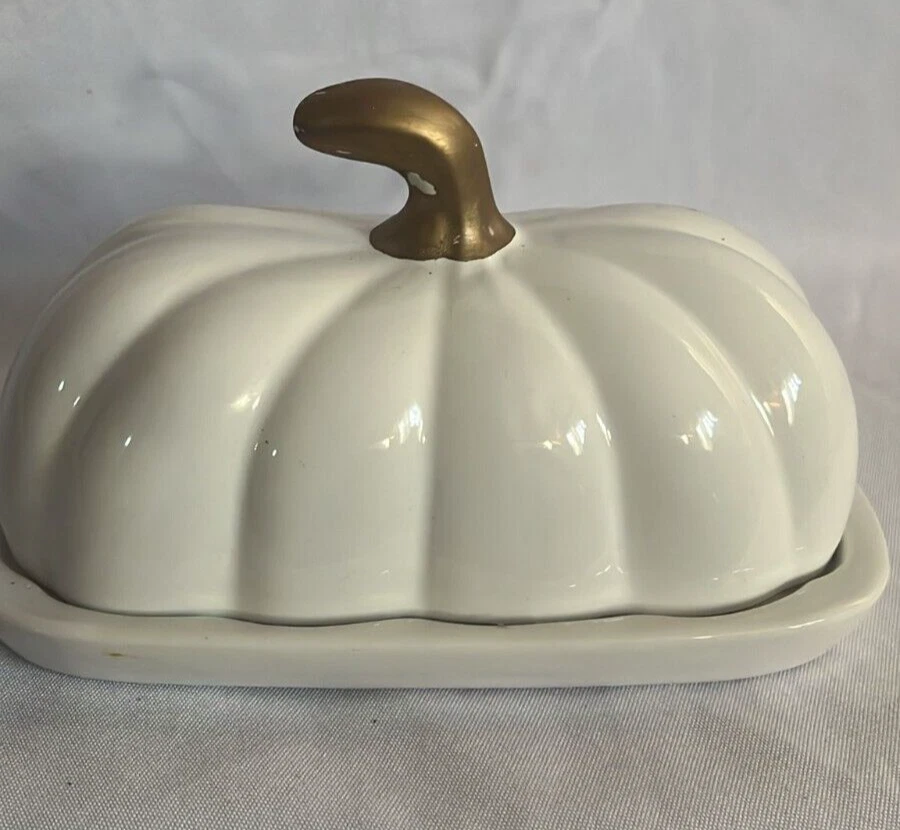 Dolomite Ceramic Pumpkin Butter Dish With Lid Rectangular Glazed White & Gold