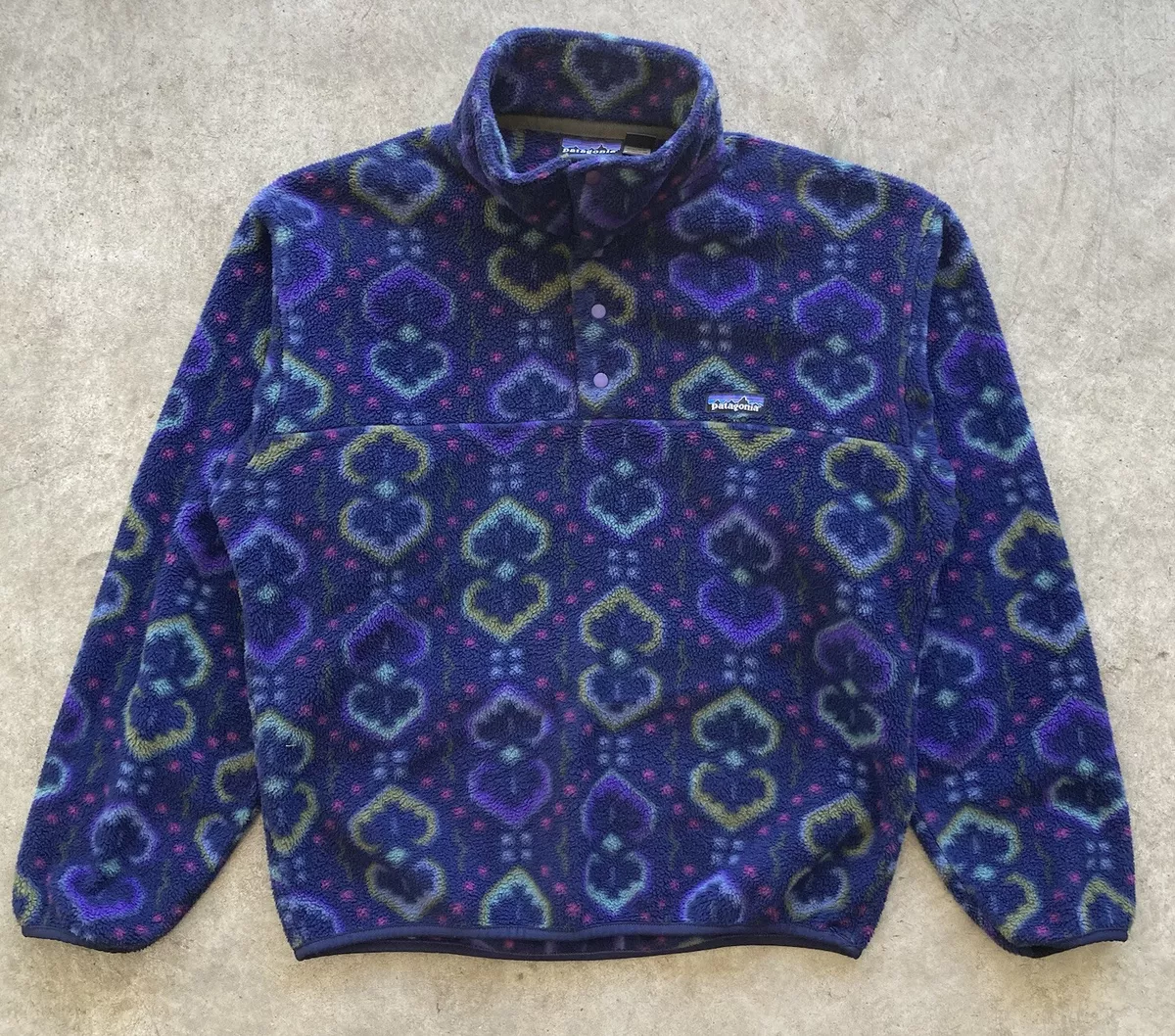 PATAGONIA Vintage Ink Blue Tapestry Snap T Synchilla Fleece Pullover Size Small