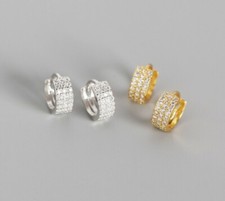 Women Men Wide Band 3 Row CZ Hoop Huggies Earrings 925 Sterling Silver Gift A28