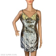 Topshop Metallic Snake Reptile Print Silver Gold VNeck Y2K Mini Dress Size 6