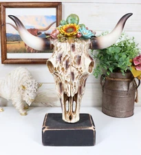 Rustic Western Faux Distressed Wood Bull Cow Skull With Floral Succulents Statue