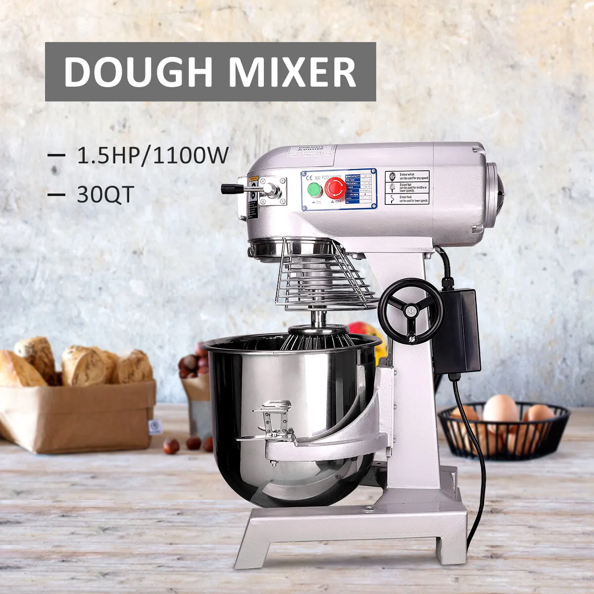 30 Qt Commercial Dough Food Mixer 1100W Gear Driven 1.5 HP 3 Speed