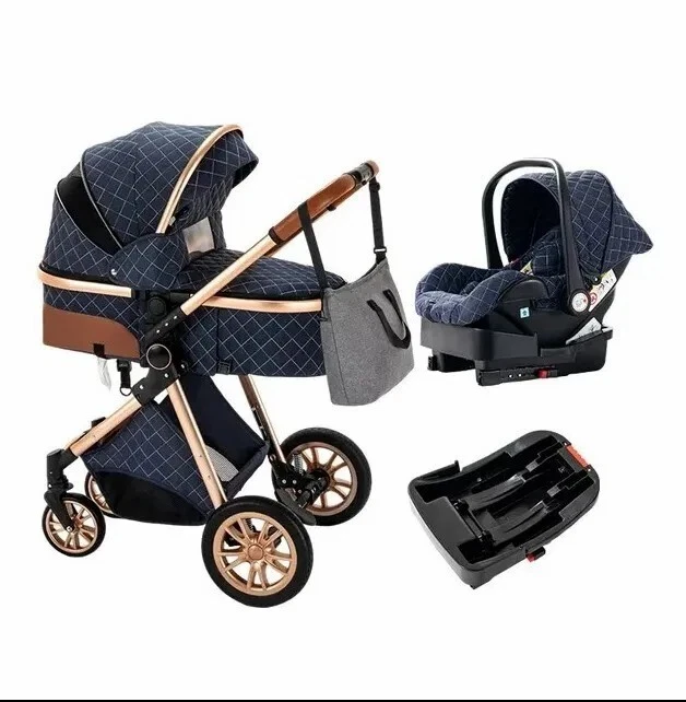 Luxury 3in1 Denim Blue Eggshell Folding Baby Stroller Bassinet Car