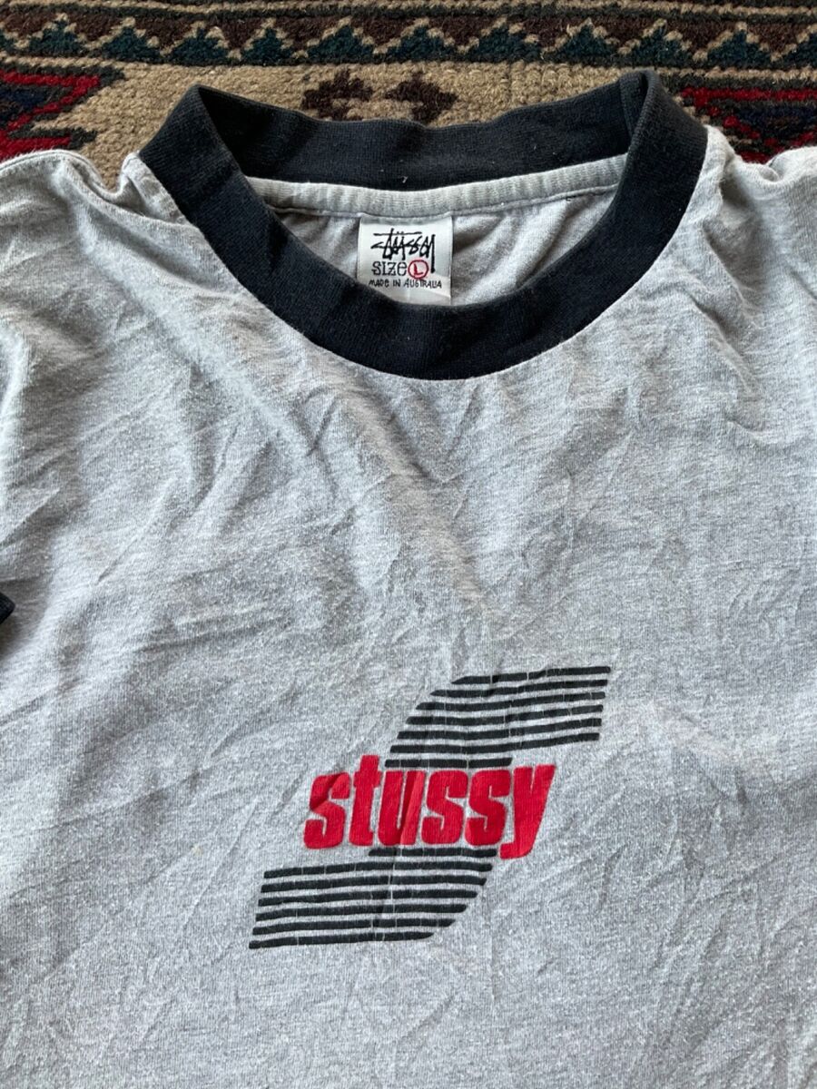 VINTAGE STUSSY L LOGO GREY RINGER T SHIRT MADE IN AUSTRALIA VINTAGE STUSSY L LOGO GREY RINGER T SHIRT MADE IN AUSTRALIA