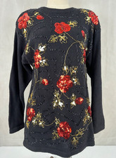 Victoria Harbour Black Sweater Womens Size Small Red Gold Sequin Beads Vintage