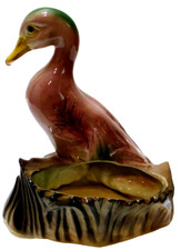 Vintage Mallard Duck by Tree Stump Ceramic Planter 6 1/2" Tall