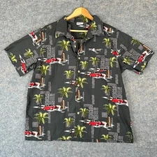 Vintage Barefoot in Paradise Hawaiian Shirt Mens Large Palm Trees Graphic Gray