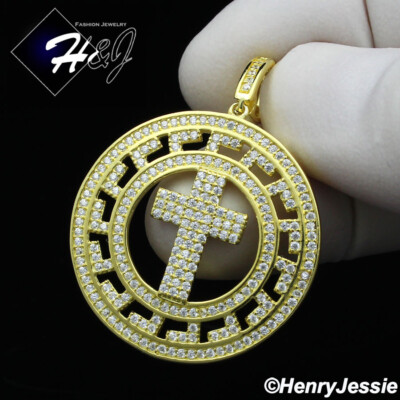 925 STERLING SILVER ICY CUBIC ZIRCONIA 3D GOLD PLATED CROSS ROUND PENDANT*GP202