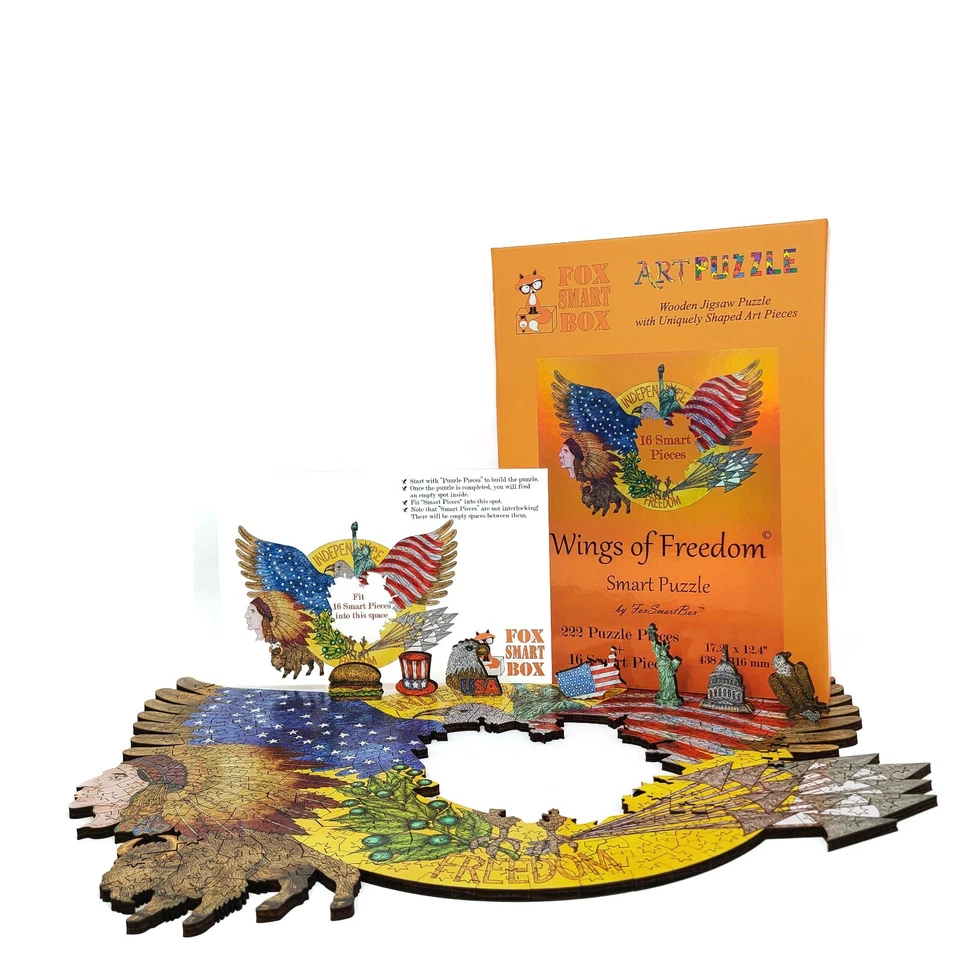 Rompecabezas inteligente de madera de FoxSmartBox - 222 piezas + 16 piezas inteligentes - Wings of Freedom Foto 3 de 4