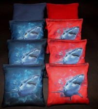 Great White Shark Red Blue Set of 8 ACA Regulation Cornhole Bags Game Toss B140