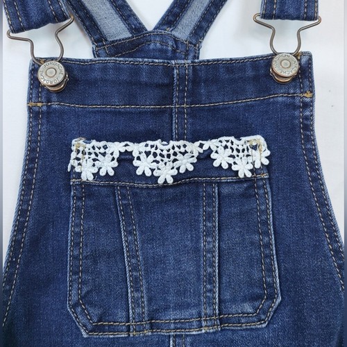 Jordache Girls Dark Blue Denim Bib Floral Lace Boho Overall Jean Shorts M 7/8 - Picture 2 of 7