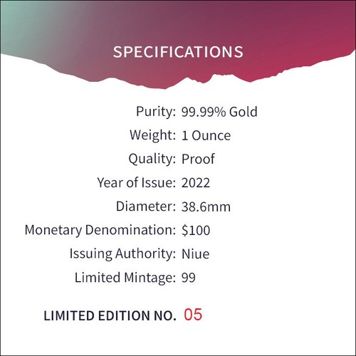 Niue 2022 AURORA AUSTRALIS Southern Lights $100 1 Oz Pure Gold Proof—MINTAGE 99 - Picture 5 of 8