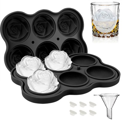 Rose Ice Cube Tray 2 Inch [1 Mold + 1 Funnel + 6 Stoppers], 6 Cavity Silicone...