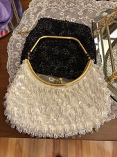 Cream Sequin Beaded Bag Clutch Purse Gold Frame Vtg 50s 60s Hong Kong Kiss Lock