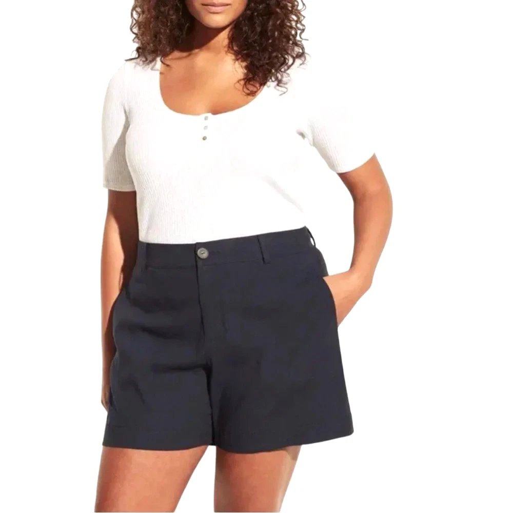Vince Womens Shorts Size 18 Navy Blue Stretch Linen High Rise 6" Inseam New